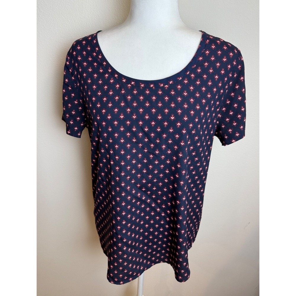 Gap Navy Blue Geometric Diamond Print Short Sleeve Scoop Neck Blouse Top Medium